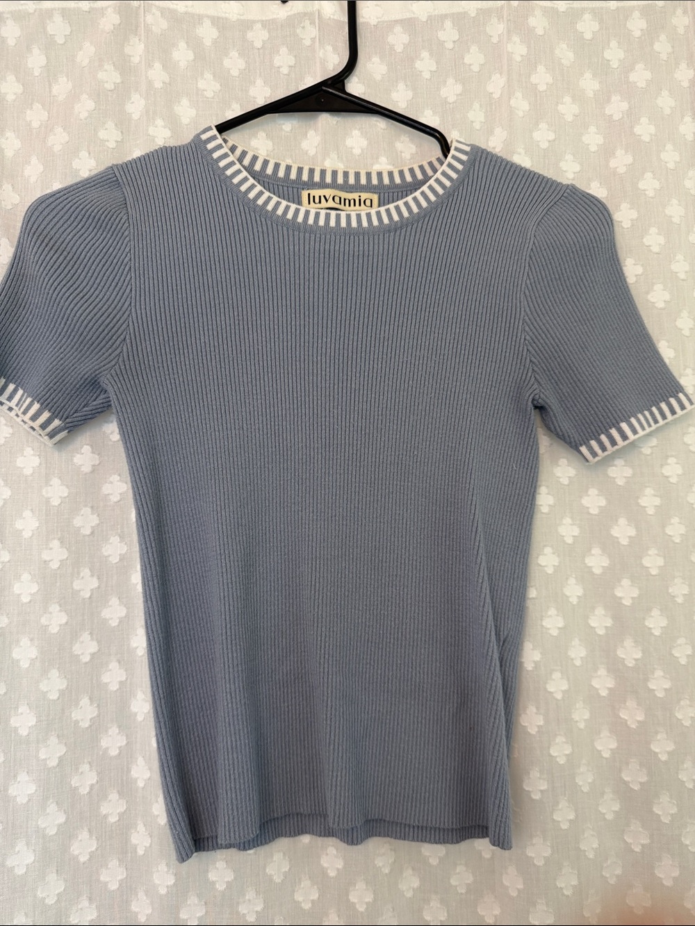 2 for $7 - Women’s Ribbed Fitted Tee Shirt with Trim on Hem, Dusty Blue